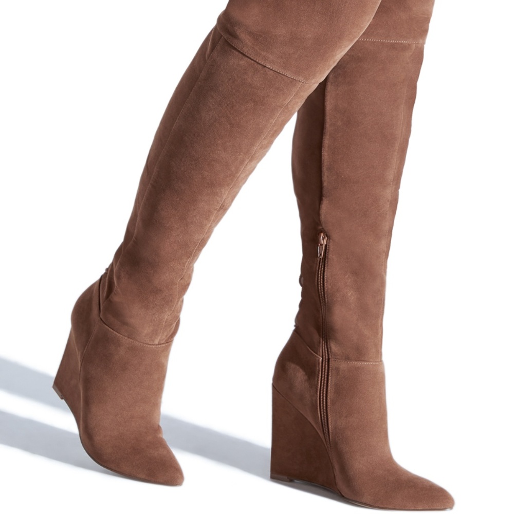 Tan Over The Knee Boot Wedges